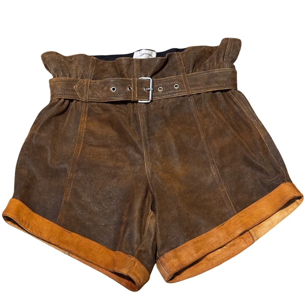 Revolve Underrated Leather -Brown Leather high waist Women Shorts Large